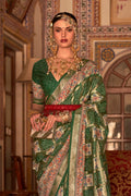 Dark Green Digital Printed Zari Silk Saree With Blouse Piece