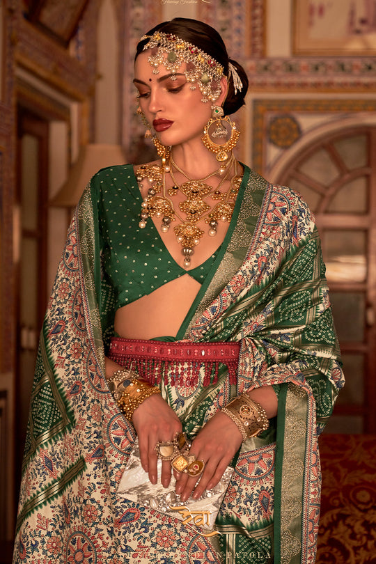 Dark Green Digital Printed Zari Silk Saree With Blouse Piece