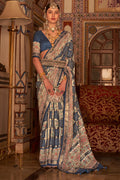 Navy Blue Digital Printed Zari Silk Saree With Blouse Piece
