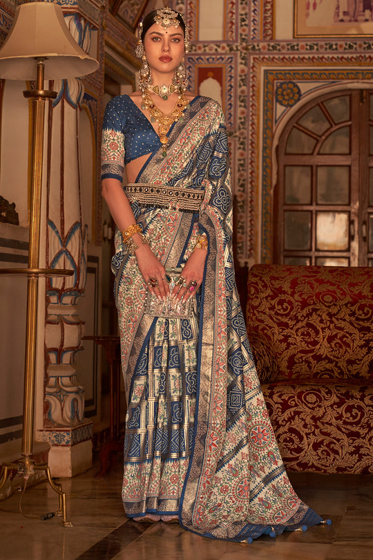 Navy Blue Digital Printed Zari Silk Saree With Blouse Piece