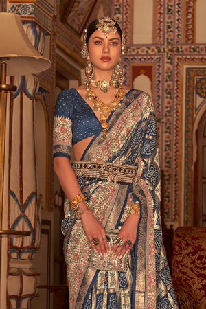 Navy Blue Digital Printed Zari Silk Saree With Blouse Piece