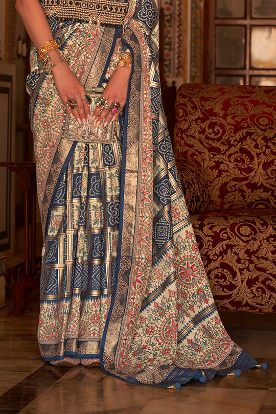 Navy Blue Digital Printed Zari Silk Saree With Blouse Piece