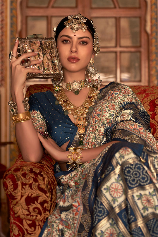 Navy Blue Digital Printed Zari Silk Saree With Blouse Piece