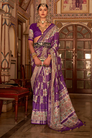 Purple Digital Printed Zari Silk Saree With Blouse Piece