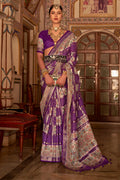Purple Digital Printed Zari Silk Saree With Blouse Piece