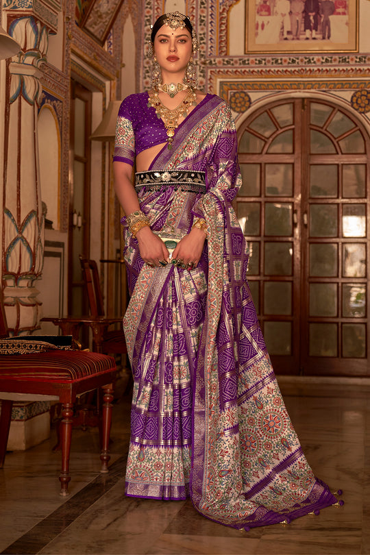Purple Digital Printed Zari Silk Saree With Blouse Piece