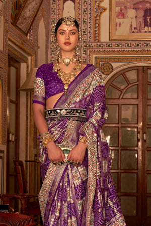 Purple Digital Printed Zari Silk Saree With Blouse Piece