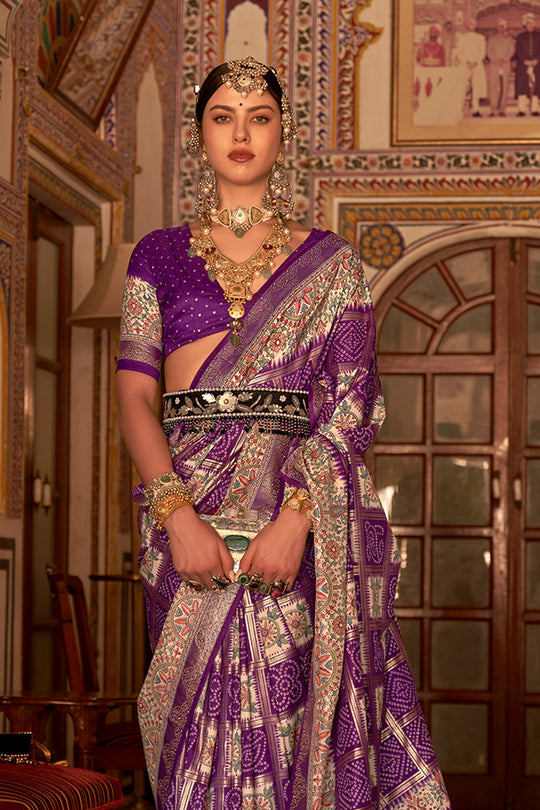 Purple Digital Printed Zari Silk Saree With Blouse Piece