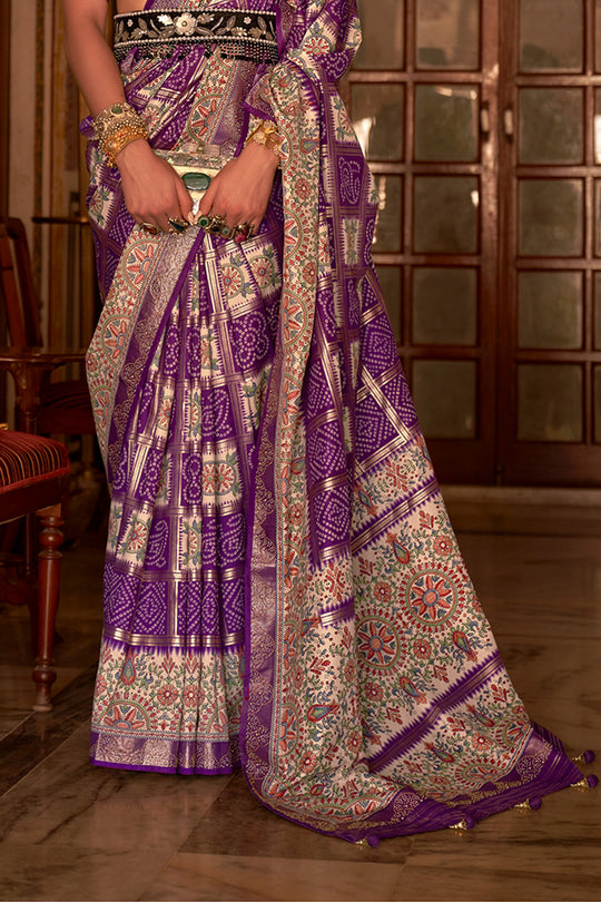 Purple Digital Printed Zari Silk Saree With Blouse Piece