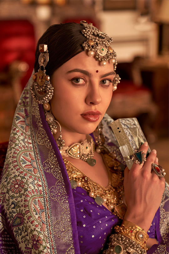 Purple Digital Printed Zari Silk Saree With Blouse Piece