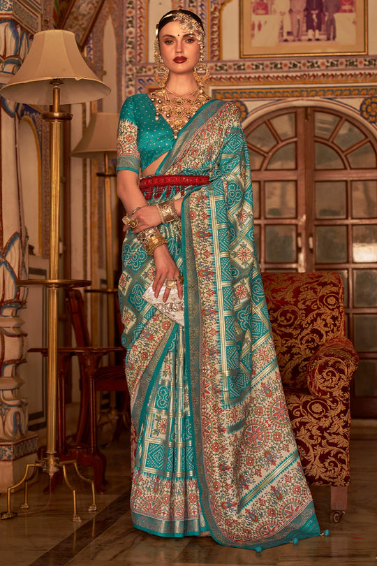 Rama Blue Digital Printed Zari Silk Saree With Blouse Piece