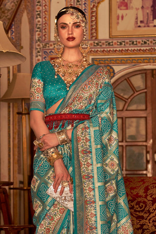 Rama Blue Digital Printed Zari Silk Saree With Blouse Piece