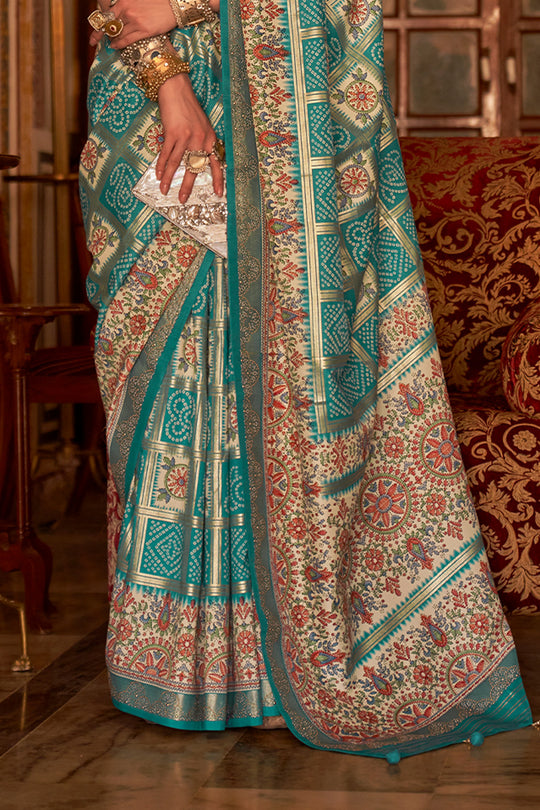 Rama Blue Digital Printed Zari Silk Saree With Blouse Piece