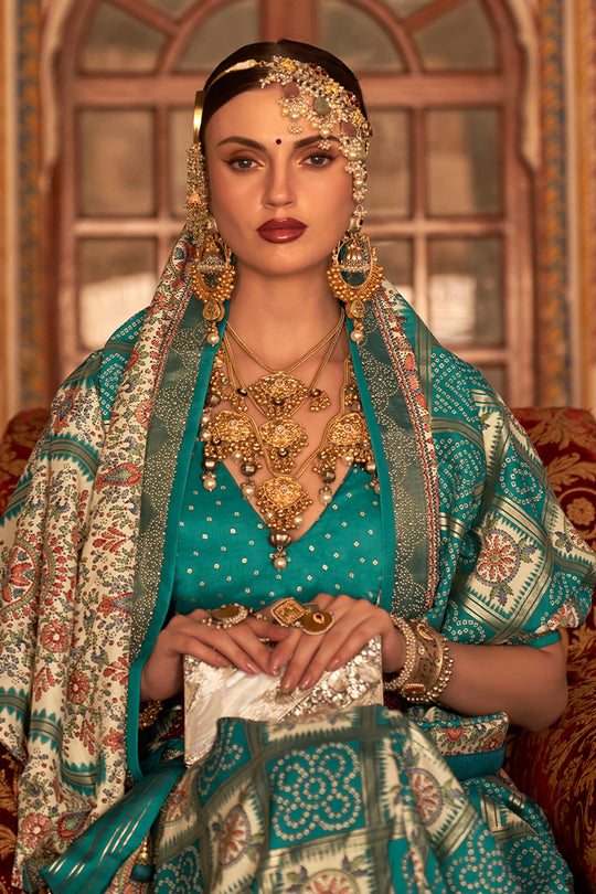 Rama Blue Digital Printed Zari Silk Saree With Blouse Piece