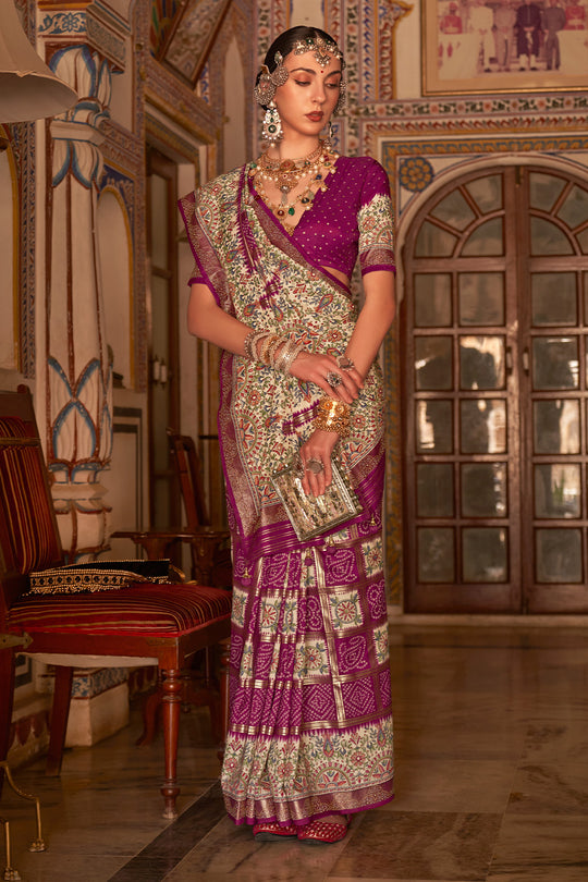 Rani Pink Digital Printed Zari Silk Saree With Blouse Piece