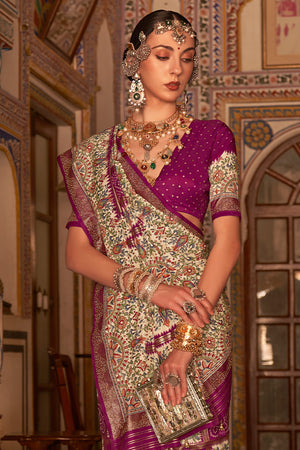 Rani Pink Digital Printed Zari Silk Saree With Blouse Piece