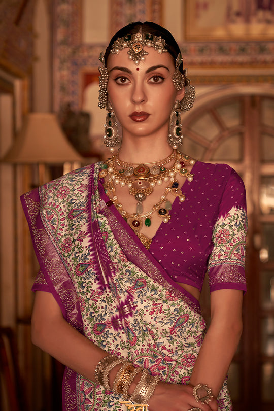 Rani Pink Digital Printed Zari Silk Saree With Blouse Piece