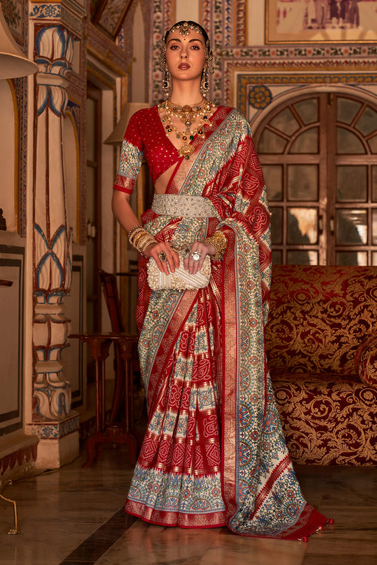 Red Digital Printed Zari Silk Saree With Blouse Piece