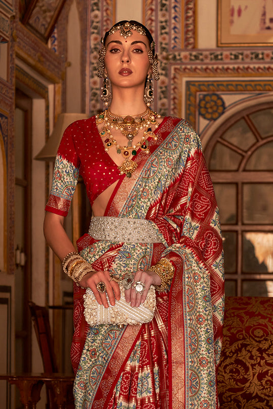 Red Digital Printed Zari Silk Saree With Blouse Piece