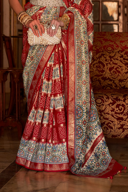 Red Digital Printed Zari Silk Saree With Blouse Piece