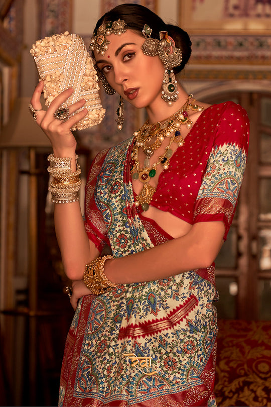 Red Digital Printed Zari Silk Saree With Blouse Piece