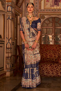 Dark Blue Digital Printed Zari Silk Saree With Blouse Piece