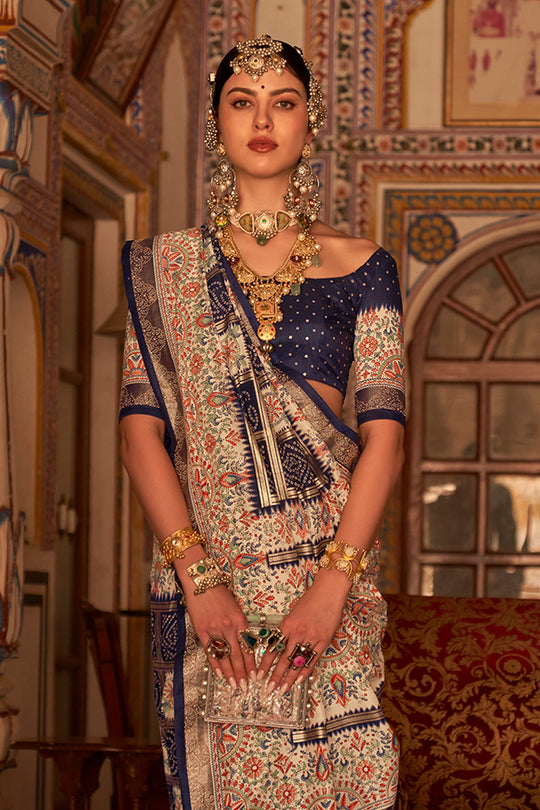 Dark Blue Digital Printed Zari Silk Saree With Blouse Piece