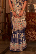 Dark Blue Digital Printed Zari Silk Saree With Blouse Piece