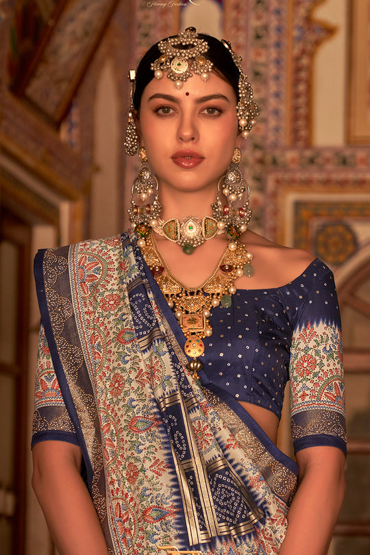 Dark Blue Digital Printed Zari Silk Saree With Blouse Piece