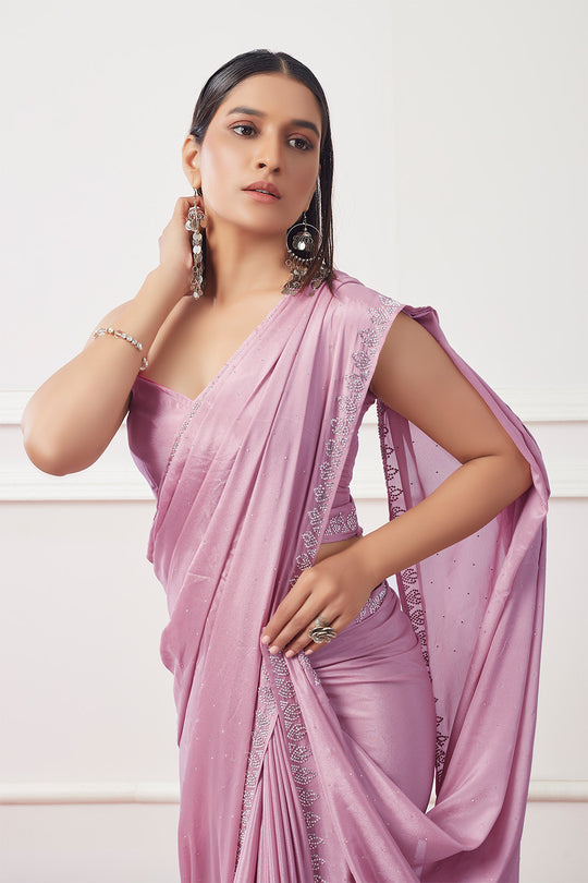 Lavender Satin Georgette Saree With Blouse Piece