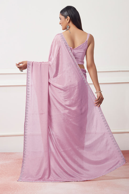 Lavender Satin Georgette Saree With Blouse Piece