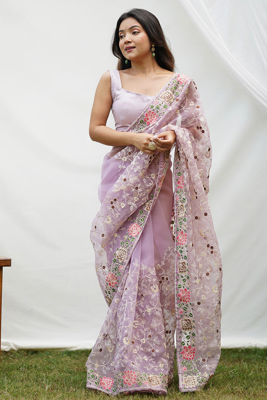 Purple Organza Saree With Blouse Piece