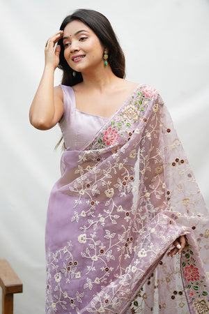 Purple Organza Saree With Blouse Piece