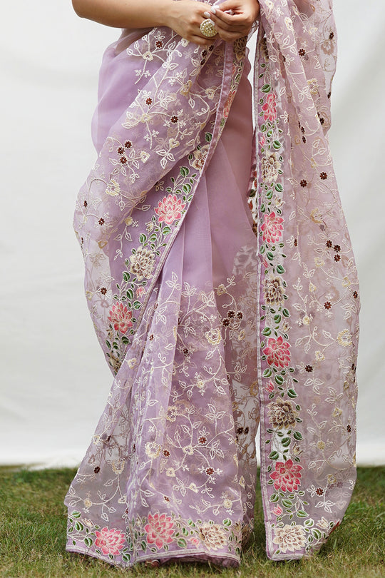 Purple Organza Saree With Blouse Piece