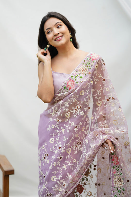 Purple Organza Saree With Blouse Piece