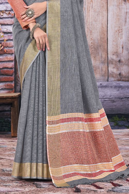 Davy Grey Linen Blend Saree