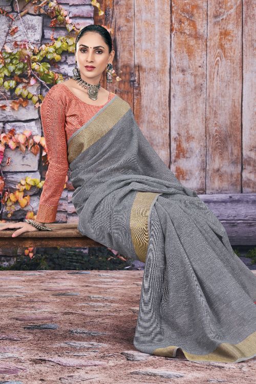 Davy Grey Linen Blend Saree