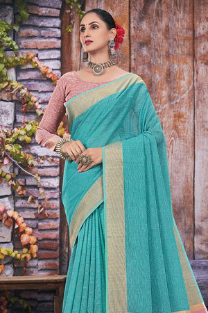 Cyan Blue Linen Blend Saree