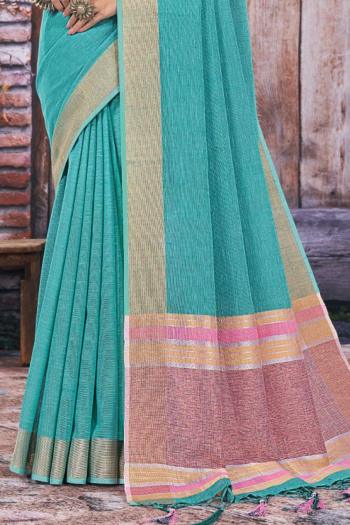 Cyan Blue Linen Blend Saree