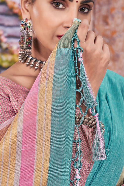 Cyan Blue Linen Blend Saree
