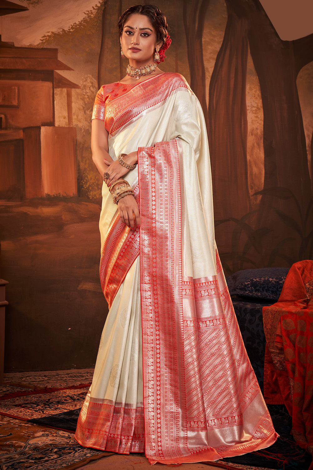Off White Kanjeevaram Silk Saree – Zilikaa