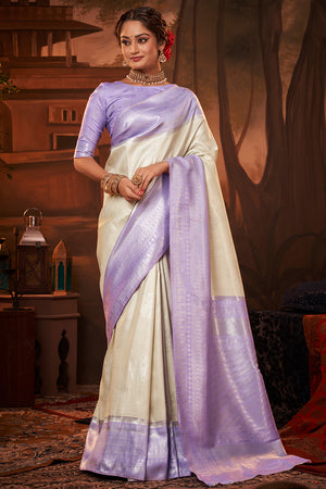 White And lavender Kanjivaram Saree