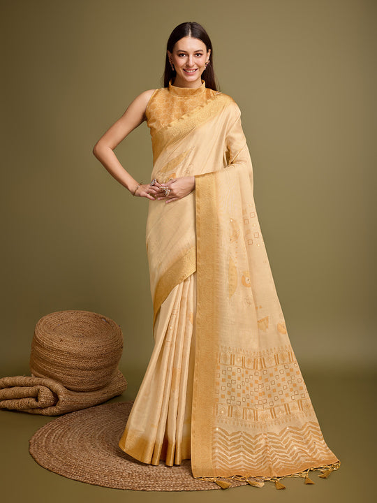 Yellow Silk Blend Saree With Blouse Piece