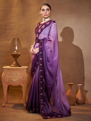 Purple Embellished Embroidered Silk Saree