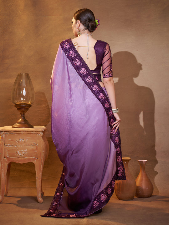 Purple Embellished Embroidered Silk Saree
