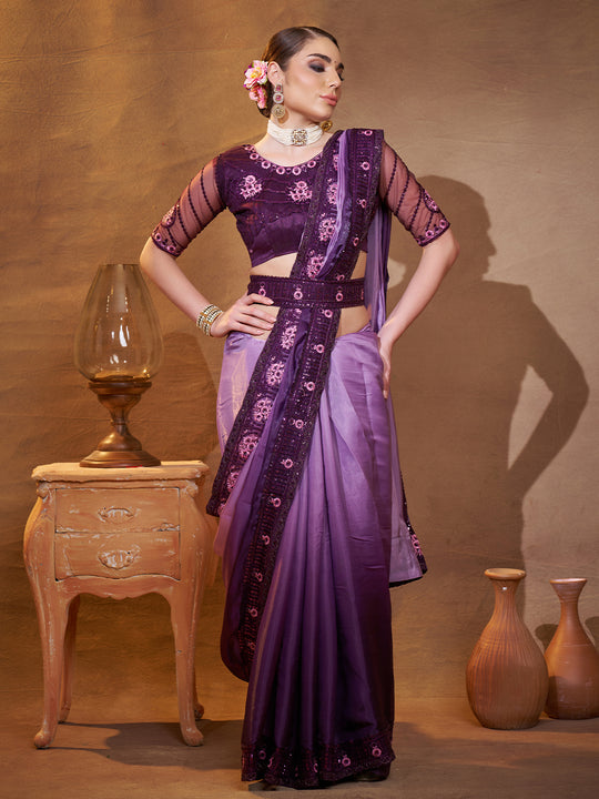 Purple Embellished Embroidered Silk Saree