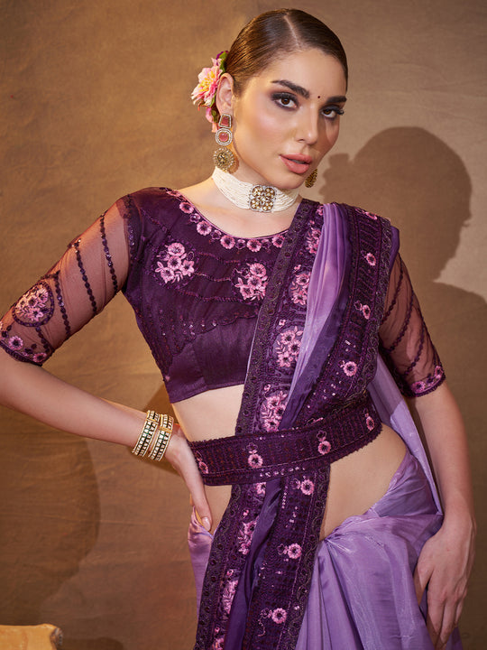 Purple Embellished Embroidered Silk Saree