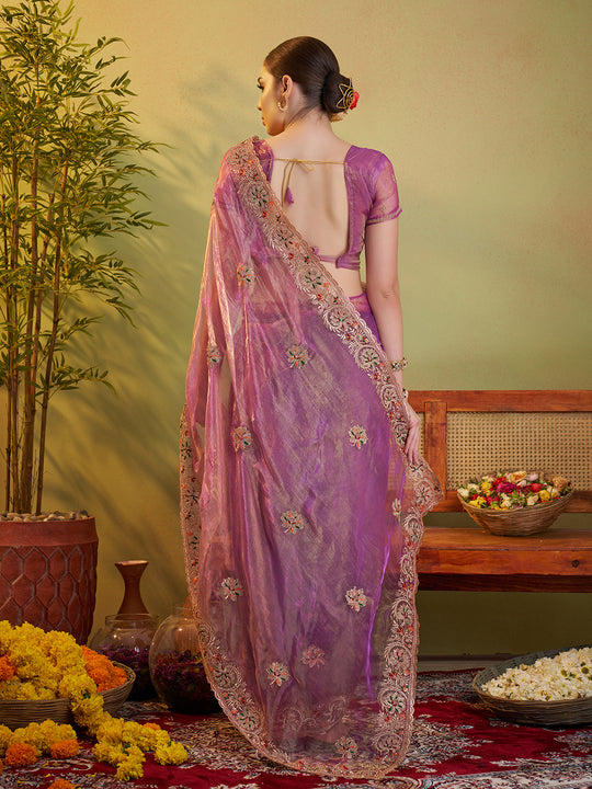 Pink Ethnic Motifs Embroidered Zari Work Tissue Saree