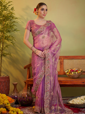 Pink Ethnic Motifs Embroidered Zari Work Tissue Saree