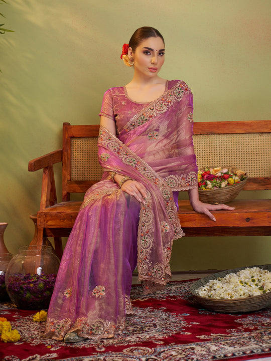 Pink Ethnic Motifs Embroidered Zari Work Tissue Saree